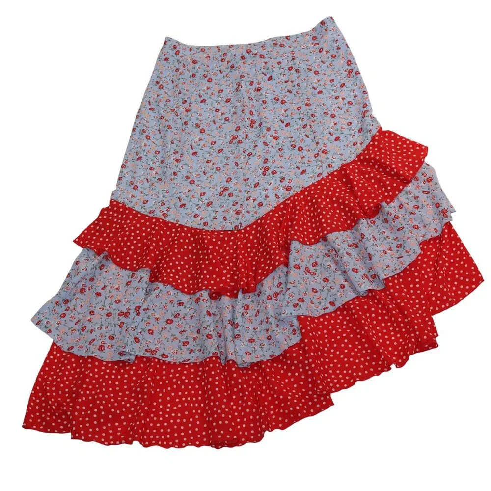 New York & Company Womens Large Red Blue Floral Hi-Lo Hem Ruffled Layers Skirt - Picture 2 of 10